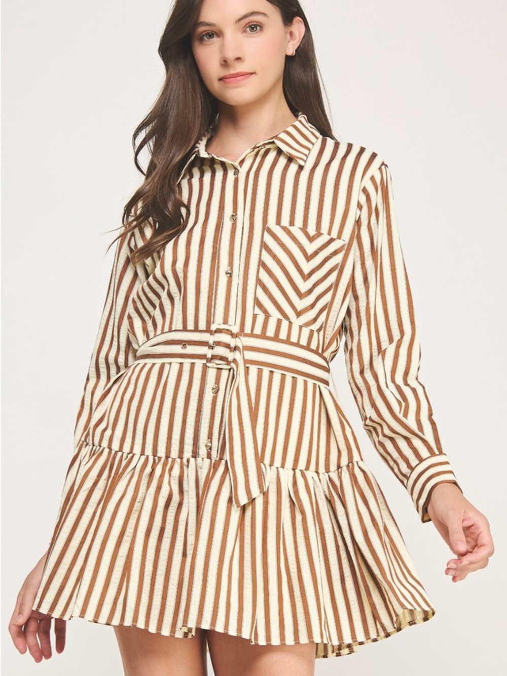 Striped Tie-Waist Long Sleeve Dress in Cream and Brown